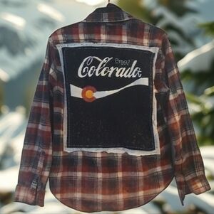 Upcycled COCA COLA COLORADO distressed Plaid Flannel Shirt